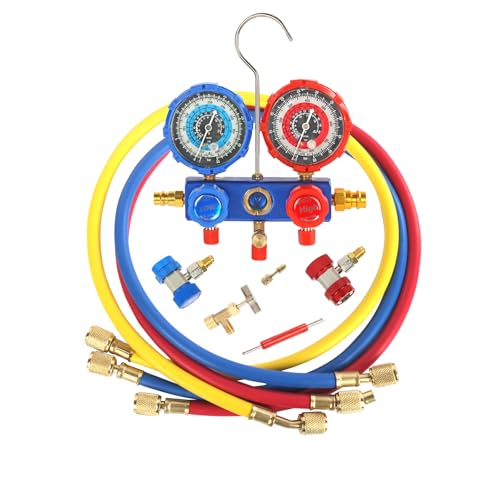 PB Motor Tech 3 Way AC Manifold Gauge Set for R134A, R410A, R22, R404A Refrigerants, with Quick Couplers, 410 Adapter, Puncturing Can Tap, Valve Core Tool. Perfect for Air Conditioning Maintenance by PB Motor Tech BMT - Used condition - US$32.19
