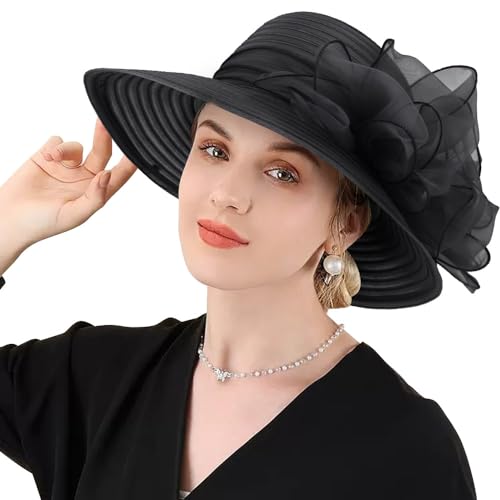 Image of DRESHOW Lady Derby Dress Church Bowler Cloche Hat Bowknot Organza Bridal Cap for Wedding