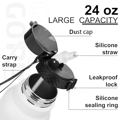 GOPPUS 750ml/26oz Stainless Water Bottle with Straw Double Wall Insulated Bottles with Strap Reusable Vacuum Thermal Flask Leakproof Keep Cold Drinks Bottles with Flip Top Lid for Men Women BPA Free - Image 4