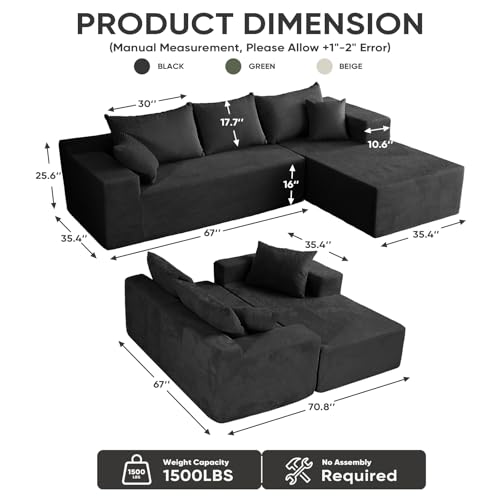 Image of Boneless Couch, 102.4 inch Sectional Couches for Living Room with L Shape Sofa | Cloud Couch Sectional with Chaise, Modular Cloud Sofa with Deep Seat, No Assembly, Black, Corduroy, Right Chaise