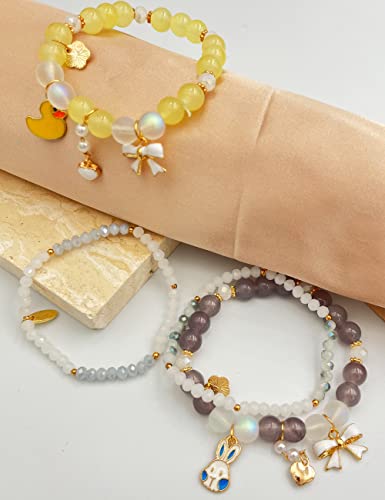 Bomail 8Pcs Kawaii Bracelets Set - Cute Crystal Beads Bracelets Cartoon Animal Charms Beaded Stretch Bracelets For Women Friendship Jewelry #TOP3