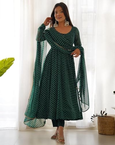 Image of Women's Lehariya Print Georgette Anarkali Fit Long Sleeves Lightweight Ethnic Wear Gown + Dupatta (H E 00391)