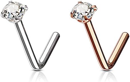 Forbidden Body Jewelry Nose Rings L Shaped, Nose Ring Studs, L Shaped Nose Studs, Nose Piercing Stud, 18g 6mm Surgical Steel L Shaped Nose Ring with 3mm CZ Crystal (2 Pack Rose Gold IP Plated & Surgical Steel)