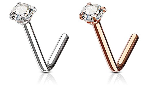 Forbidden Body Jewelry Nose Rings L Shaped, Nose Ring Studs, L Shaped Nose Studs, Nose Piercing Stud, 18G 6Mm Surgical Steel L Shaped Nose Ring With 3Mm Cz Crystal (2 Pack Rose Gold Ip Plated & Surgical Steel) #TOP2