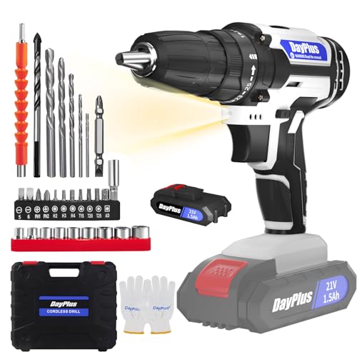 Cordless Electric Drill Driver Kit, 21V With 1500 mAh Battery, 2 Variable Speeds, 25+1 Torque Rating, 45N.m Max, LED Light, 29 Accessories for Home and DIY