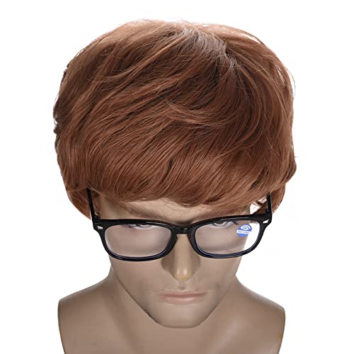 Short Mens Brown Wig Short Curly Mens 60s and 70s Cosplay Halloween Costume Shaggy Male Wig and Glasses(Bronze)