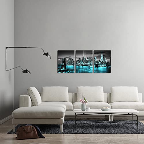 Conipit New York Brooklyn Bridge Canvas Wall Art Black And White City Pictures Teal Skyline Artwork Modern Night View Painting For Home Living Room Bedroom Office Decor 12X16 Inch (Teal, Small) #TOP2