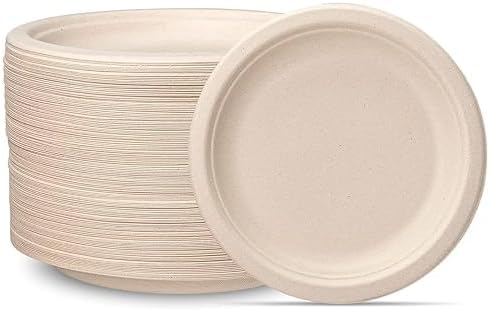 Disposable Bagasse Plates | Eco-Friendly, Biodegradable, Sugarcane Paper Plates | for Serving Snacks | Birthday, Wedding & Party | Round, Beige (7 inch, 50, Count)