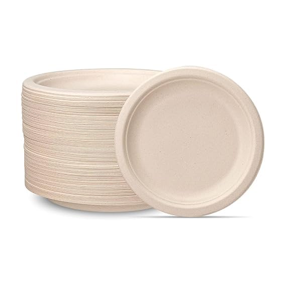 Disposable Bagasse Plates | Eco-Friendly, Biodegradable, Sugarcane Paper Plates | for Serving Snacks | Birthday, Wedding & Party | Round, Beige (7 inch, 50, Count)