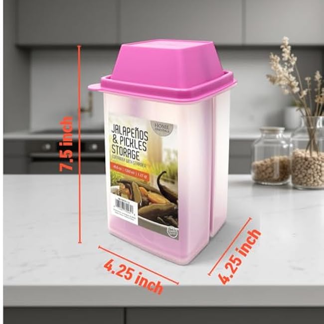 Pickle Container with Strainer, Cucumber Jalapeno Olive Keeper with Strainer for Mess-Free Storage of Condiment Food, 40.6 oz Size (Pink)