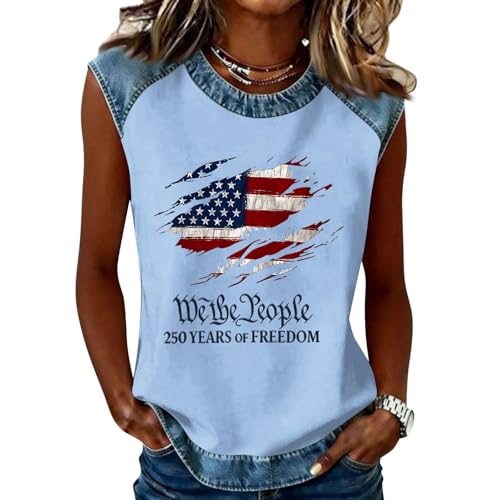 HHOSGPP USA 250th Anniversary Shirt | Women's 250 Years of Freedom Distressed Denim Trim America Flag Patriotic Sleeveless Blouse 1776-2026 Graphic Tee Shirt(28-Sky Blue,XXL)