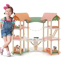 GYMAX Kids Dollhouse, 3-Storey Wooden Dolls House with 7 Simulated Rooms & 33pcs Furniture Accessories, Large DIY Doll House for 3-8 Years Old Girls Boys (Colorful)