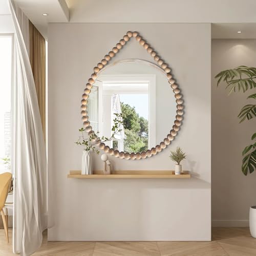 POZINO Wood Round Mirror, 36" Large Wooden Beaded Mirror, Farmhouse