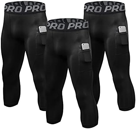 Sanke 3 Pack Men's 3/4 Compression Pants with Pockets Athletic Baselayer