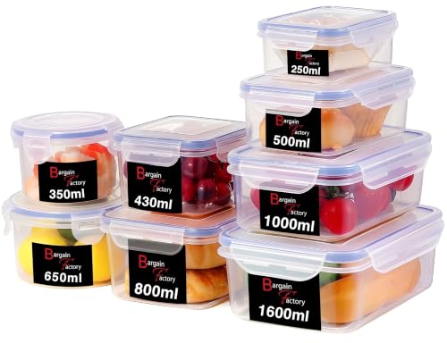 BARGAIN FACTORY Food Storage Containers 16PCS (8 Container + 8 Lids) Leak Proof Airtight Plastic Food Containers with Lids Pantry & Kitchen Containers BPA Free Microwave & Freezer Safe 250ML-1.6L