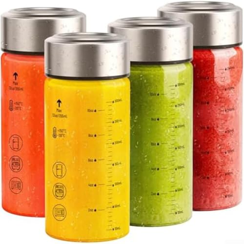 Lot de 4 bouteilles de jus en verre de 350 ml avec acier inoxydable étanche et large ouverture, verre borosilicate pour boissons chaudes et froides (7 x 15 cm, 350 ml)