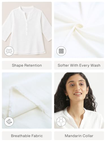Image of SAADAA Women Short Kurti Airy Linen Regular Fit Kurta with 3 /4th Sleeves, Mandarin Collar, Side Slit Perfect for Casual, Formal, and Ethnic Wear