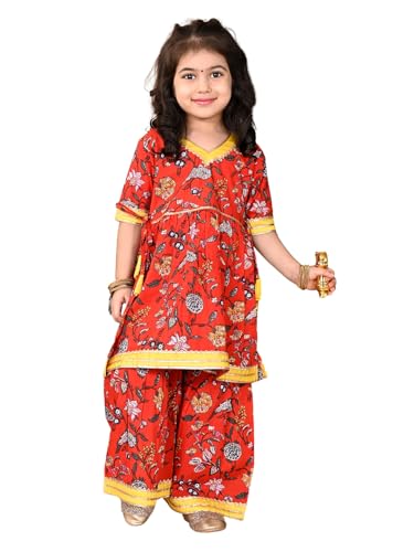 Image of superminis Girls Cotton Floral Printed Gota Patti Work Half Sleeves Sharara Suit