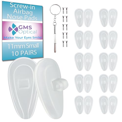 GMS Optical Comfort Line - 7mm Regular Wide/11mm Small Length - Air Bag Screw-in Soft Silicone Nose Pads for Glasses, Sunglasses, Glasses Repair Kit with Screws, Keep Glasses from Sliding (10 Pair)