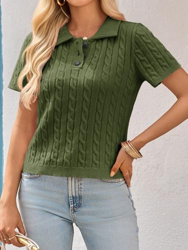 Image of Imily Bela Womens Polo V Neck Pullovers Lightweight Short Sleeve Cable Knit Sweater Business Casual Summer Tops 2025