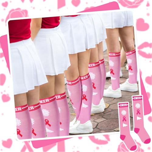 Image of Cheerleader Breast Cancer Awareness Cheer Cheering Pink Ribbon Cheerleading Socks Cheer Team Gift for Women