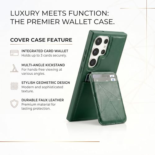 Image of amazon basics Premium Vegan Leather Back Cover with Card Holder and Integrated Mobile Stand for Samsung Galaxy S24 Ultra 5G - Slim Shockproof Wallet Case with Geometric Stitching [Green]