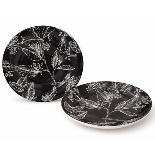 Cecaro Group – Servizio Tavola in Porcellana 12 Pezzi Fantasia Peonia Floreale Adatti a Microonde e LavastoviglieEleganza Botanica per la Tua Tavola | Piatti Piani 23 cm e Piatti Fondi 22 cm (Nero)