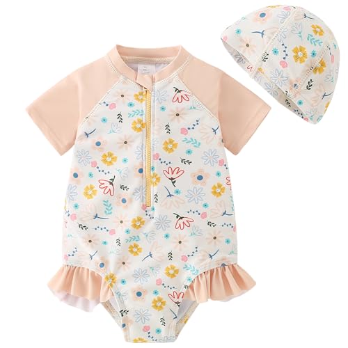 AIWUHE Toddler Girls One Piece Swimsuit Ruffle Rash Guard Zipper Bathing Suit Short Sleeve Swimwear with Hat UPF 50+ 1-5T