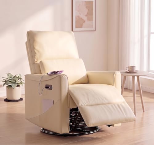 Image of Leather Power Swivel Rocking Recliner Chair, Electric Lazy Boy Reclining with Home Theater Seating, 360 Swivel Oversized Recliner Chair for Living Room, Bedroom, Reading, Beige