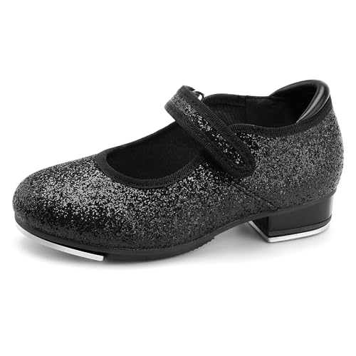 Stelle Tap Shoes for Girls Toddler PU Tap Dance Shoes for Toddler/Little Kids/Big Kids(Black Giltter 9MT)