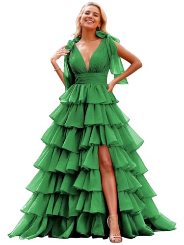 Image of TORYEMY Tiered Tulle Prom Dress Long Ball Gown Deep V Neck Formal Evening Dresses with Slit Ruched for Women