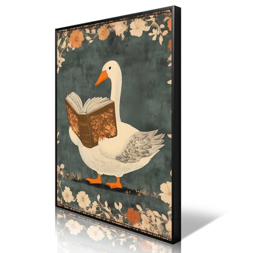 Nursery Animal Canvas Wall Art, Whimsical Goose Reading A Book
