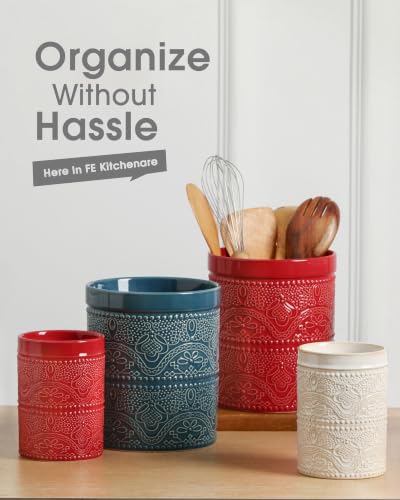 Image of FUN ELEMENTS Kitchen Utensil Holder, 7.2 inch Super Large Utensil Crock Heavy and Stable Lace Emboss Ceramic Utensil Holder for Kitchen Counter (Lace Emboss)
