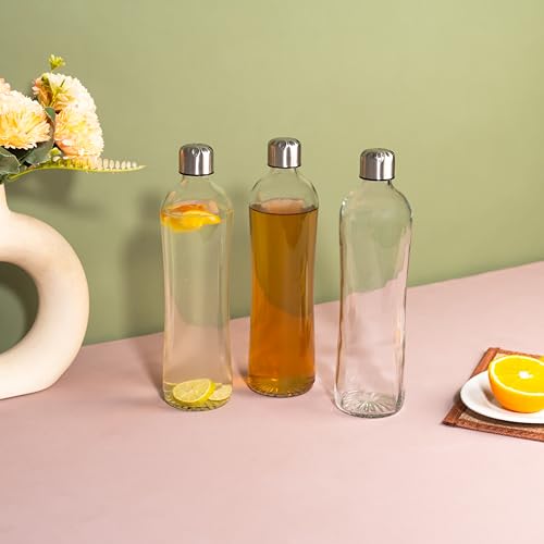 Image of Glassbunny Glass Water Bottle with Leak-Proof Airtight Stainless-Steel Lid for Water, Smoothie, Juices - Reusable Travel 500ml Glass Drinking Fridge Bottles Pack of 3 - Borosilicate Food Grade
