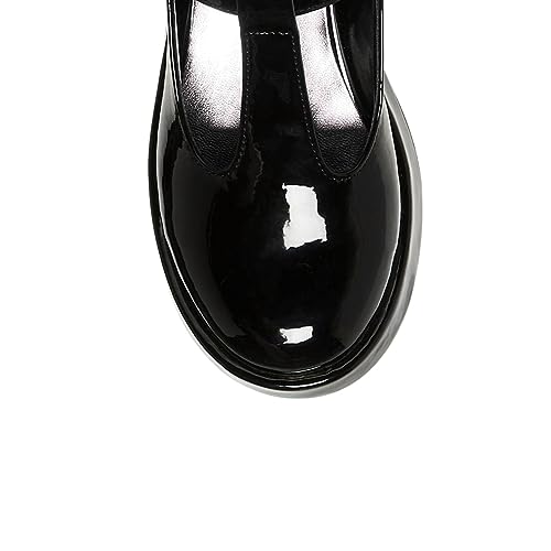 FYS Women Rhinestone Buckle Round Toe Pumps T Strap Mary Janes Platform Chunky Mid Heels Uniform Lolita Party Shoes Size 4-16 US4