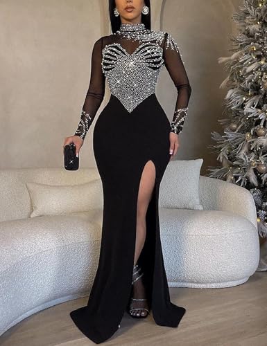 Image of WOKANSE Women's Formal Dresses Mock Neck Sexy Mesh See Through Long Sleeve High Slit Sparkly Rhinestone Prom Dress