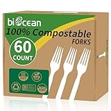Biocean 100% Compostable Forks 60 Count Disposable Forks Heavy Duty Utensils Set Fork Silverware Eco Friendly Flatware Plastic Free for Party Camping Picnics Wedding-Ivory White