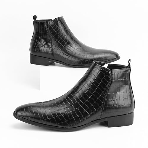 Men'S Leather Printed Low Heel Chelsea Ankle Boots Fashion High Top Round Toe Slip On Business Casual Dress Ankle Boots3