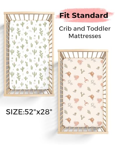 Image of Crib Sheets for Boys and Girls, 2 Pack Fitted Baby Sheets for Standard Toddler Mattress 28 inch x 52 inch, Soft Breathable Jersey Knit Baby Bedding (Cactus Cozy)