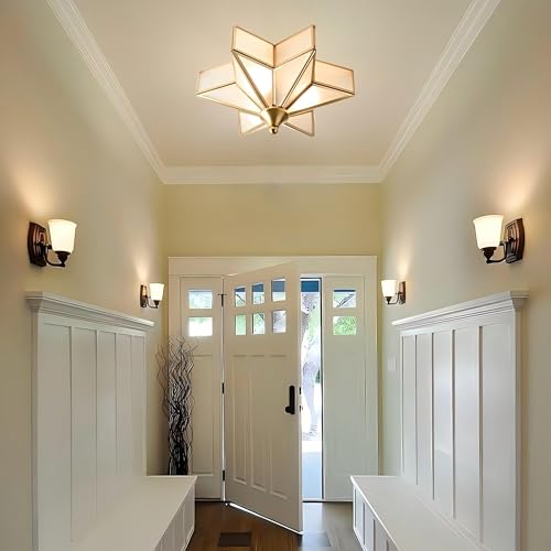 Image of LIGHTLAND 11.8 Inch Flush Mount Star Ceiling Light, 3 Lights Brass Ceiling Lamp with Glass Lampshade, Art Deco Close to Ceiling Light Fixtures for Entryway Hallway Porch, Gold