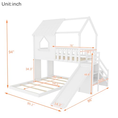 Image of Bellemave Bunk beds Twin Over Full with Slide,Storage Staircase,House roof Design,Low bunk /loft Bed for Kids，White