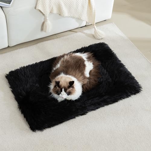 MeiSan Fluffy Dog Cat Bed Mat 19.6x31.4 inch, Washable Soft Plush Faux Fur Warm Area Puppy Pads Blanket for Indoor Pet Sleep Cushion Black