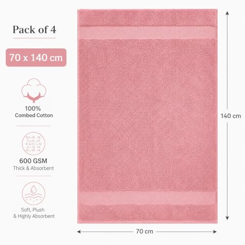 Image of Sulfar 100% Combed Cotton, Quick Drying Highly Absorbent Thick Bathroom Towels, Luxury Bath Towel Set (Pack of 4, 70 X 140 cm) - 600 GSM (Basic Pink)