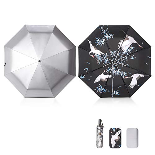 Preisvergleich Produktbild Galatée Taschenschirm Mini Regenschirm UV-Schutz Titansilberbeschichtung UPF 50+ Windproof Sturmfest 8 Ribs Pocket Taschenschirm leicht & kompakt (Weißer Kranich)