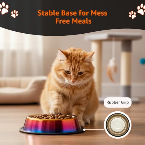Image of Amazon Basics Stainless Steel Pet Feeding Bowls for Dog & Cats | Anti Slip Base | Set of 2 | 700 ml Each | Rainbow Color