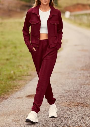 Image of PRETTYGARDEN Womens Two Piece Sets Fall 2026 Long Sleeve Button Down Shacket Jacket Long Sweatpants Tracksuit Winter Clothes