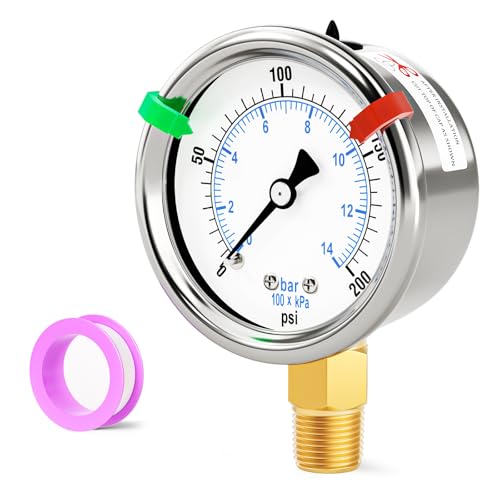 Image of 0-200Psi Stainless Steel Dry Low Pressure Gauge 1 /4 inch NPT 2 inch Dual Scale Dial, Lower Mount, Waterproof for Water Oil Air Well Pump, Tire Gas Pressure Test (with Range Mark Pointer)