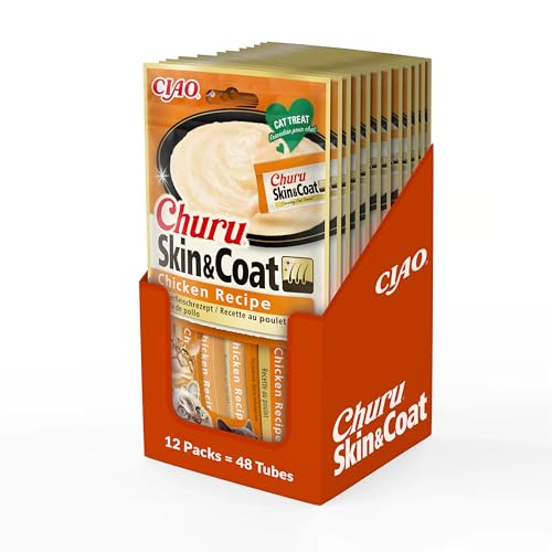 Ciao Churu Skin & Coat by INABA Cat Treat - Chicken - 12 Packs (48 x 14g total) / Soft & Creamy Treat, Delicious & Healthy Snack, Purée Food Topper, Natural, Grain Free