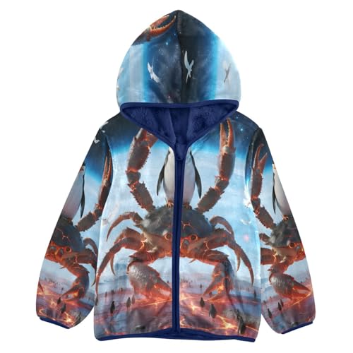 Giant Crab with Penguin Riding Toddler Fleece Jacket Girl Boys Hooded Fleece Jacket Coat Warm Outwear Zip-up 3-10T