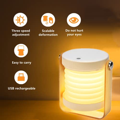 ALLOMN Schreibtisch Tischleuchte, Tragbares Klapp Teleskop Nachtlicht LED Leselampe Holzgriff Laternenlampe, 3 Stufig Dimmbare Helligkeit, USB Aufladung, Augenpflege (Warmweiß)